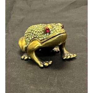 Vintage Style Jeweled Frog Toad Pill Box Green Rhinestone Red Eyes Enameled